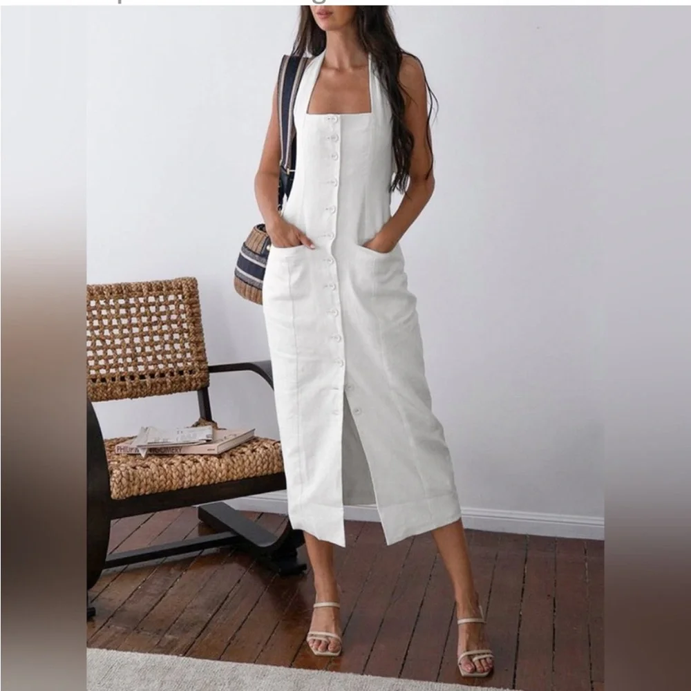 White square neck halter tie neck button front linen midi dress with open back - Picture 5 of 5